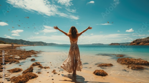 Woman enjoying with wonderful view of beach.