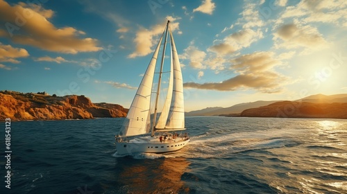Yacht with white sails at sea. Yachting, luxury vacation at sea.