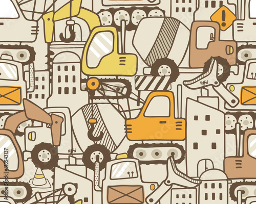 Seamless pattern vector of construction vehicle cartoon with buildings and road sign