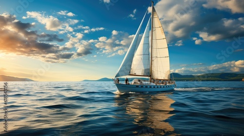 Yacht and blue water ocean, Sailing luxury yacht at open sea at sunny day.