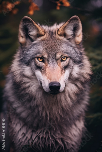 a close up image of a grey wolf in the forest  Generative Ai