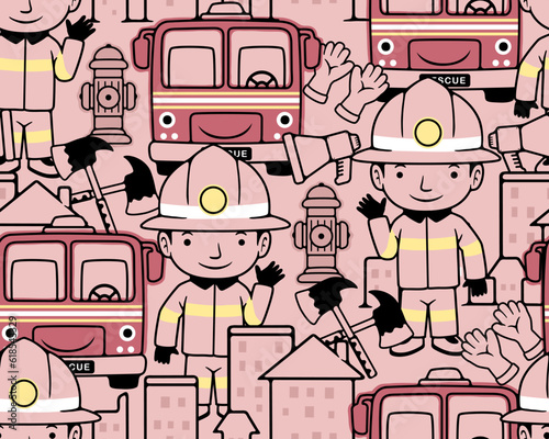 Seamless pattern vector of fire engine cartoon with fireman boy