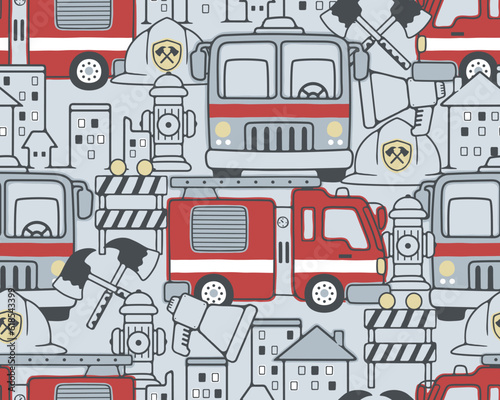 Seamless pattern vector of fire engine elements cartoon with buildings