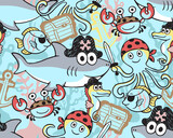 Seamless pattern of cartoon pirate elements with funny marine animals