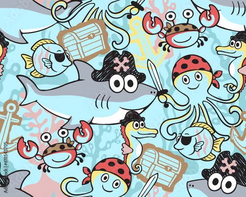 Seamless pattern of cartoon pirate elements with funny marine animals © Bhonard21
