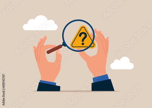 Businessman using magnifying glass to analyze question mark sign.  Problem and root cause analysis, answer for business problem concept. Vector illustration