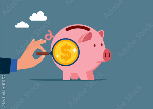 Holding  examining Piggy bank with magnifying glass. Investing money. Flat vector illustration.