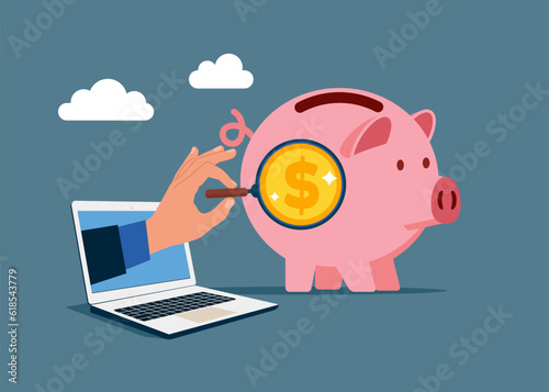 Businessman through the laptop examining Piggy bank with magnifying glass. Investing money. Flat vector illustration