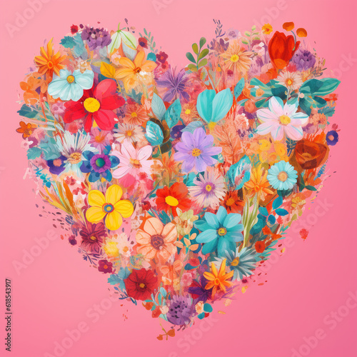 a colorful heart made of flowers on a pink background, Generative Ai