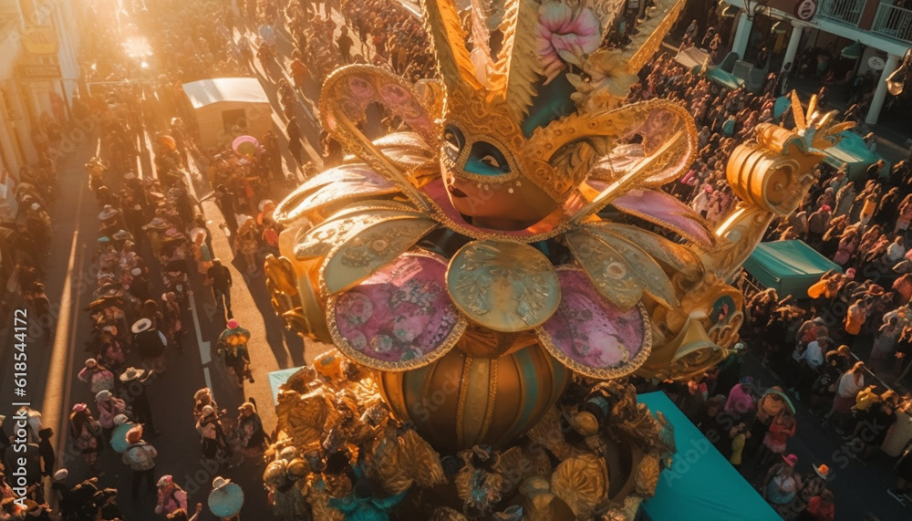 Naklejka premium Multi colored lanterns illuminate crowded city streets at night generated by AI