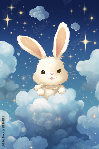 a cute bunny in a cloud over some stars framed by clouds on a wall, Generative Ai
