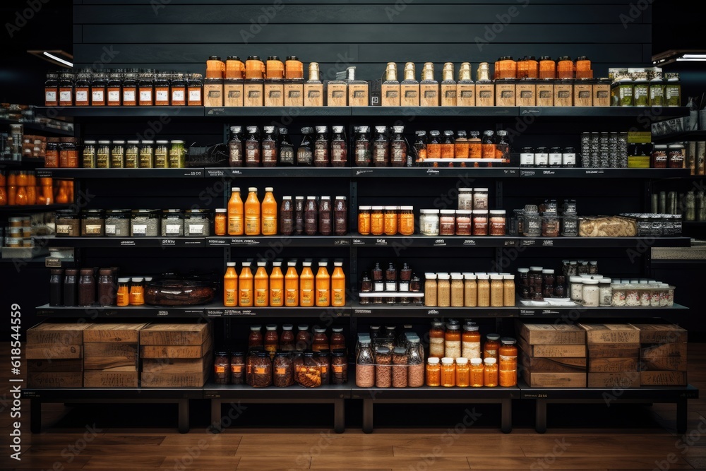 a wooden table with shelves of different products in a supermarket Generative AI