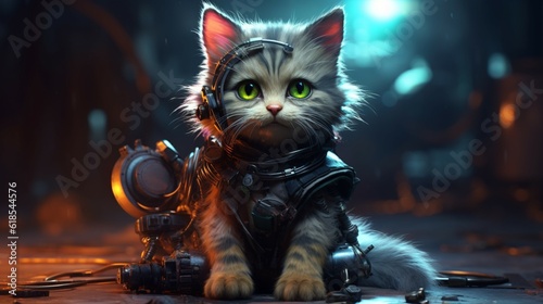 Cute cyberpunk cat post apocalypse haracter animal.Generative AI