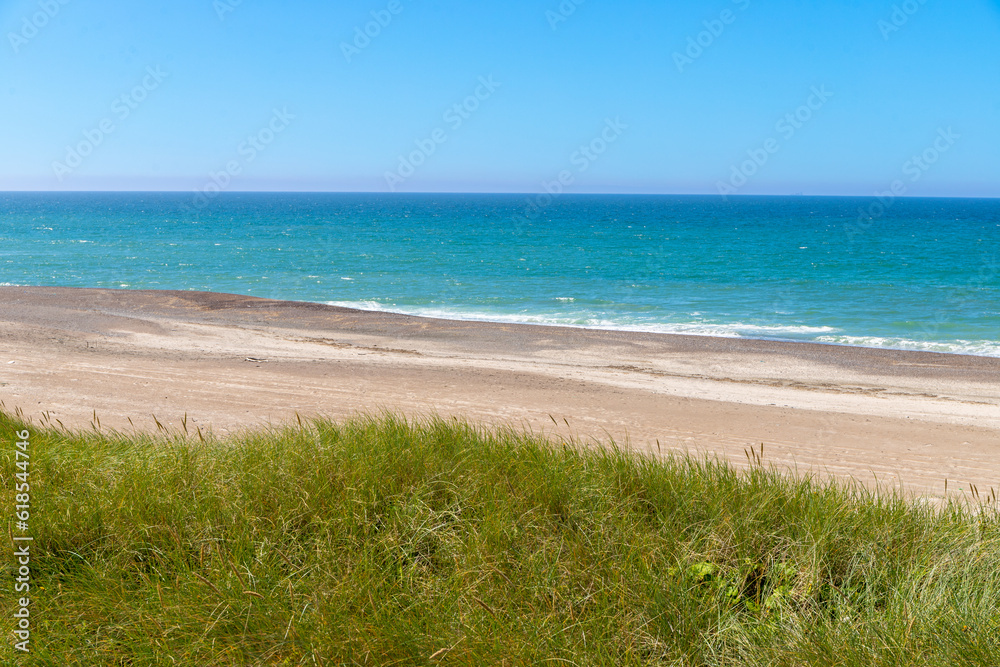 overgrown dunes on the beach in Denmark with sea in the background