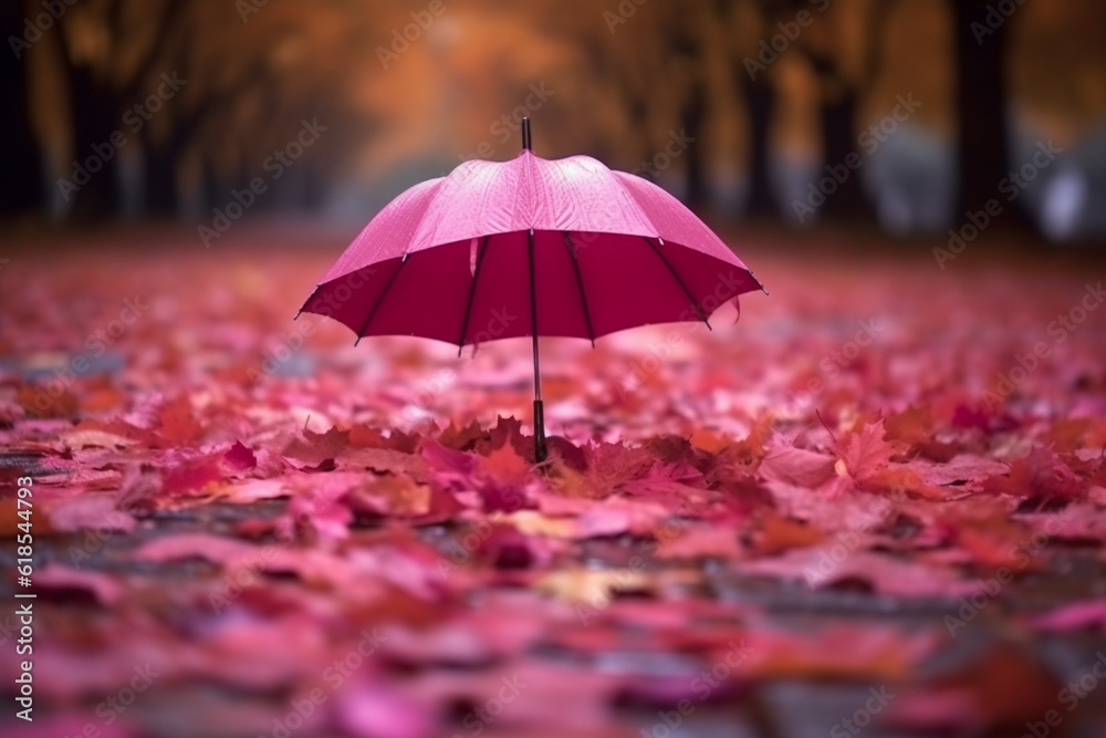 Romantic rain: Pink umbrella on a rainy evening, with autumn leaves creating a colorful carpet on the pavement Generative AI