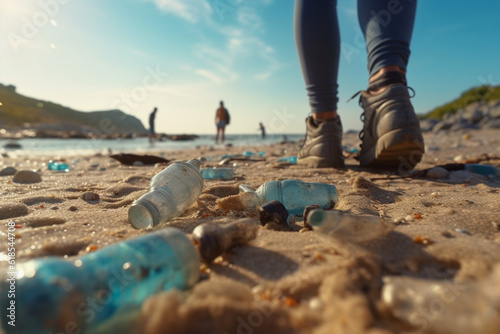 Preserving our planet: Close-up of a volunteer's legs collecting plastic bottles on the beach, supporting environmental conservation Generative AI © shaista