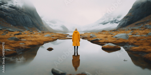 mountain man back nature cloud water travel lake cape yellow hiking. Generative AI.