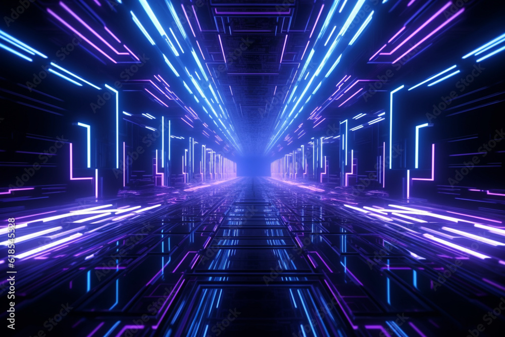Techno-futurism: Sci-fi inspired abstract with neon light shapes in blue and purple hues, set against a black backdrop and reflective concrete Generative AI