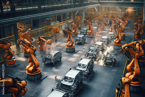 Technological advancements in automotive industry: Aerial view of robotic production Generative AI