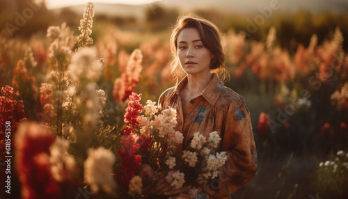 A young woman smiling in a meadow generated by AI