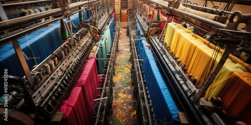 Top view of a textile mill, rows of looms weaving threads into a tapestry of color and pattern , concept of Industrial production, created with Generative AI technology