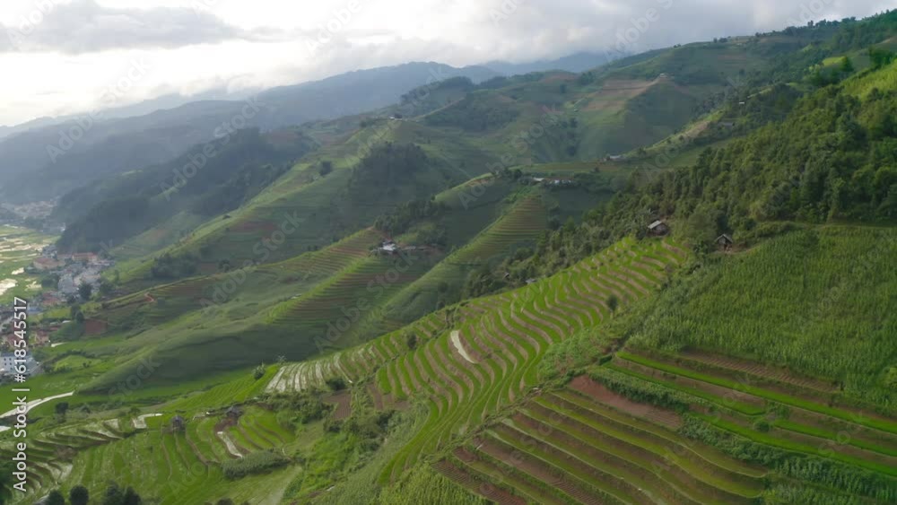 Aerial top view of fresh paddy rice terraces, green agricultural fields in countryside or rural area of Mu Cang Chai, mountain hills valley in Asia, Vietnam. Nature landscape background. Aerial top view of fresh paddy rice terraces, green agricultural fields in countryside or rural area of Mu Cang Chai, mountain hills valley in Asia, Vietnam. Nature landscape background.