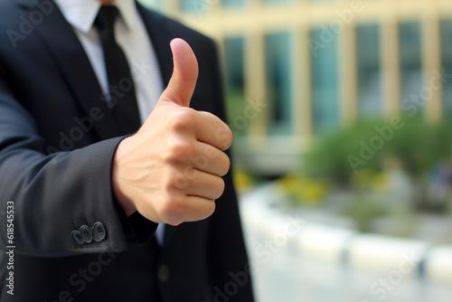 Thumbs-up for success: Close-up of a businessman signaling approval with a thumbs-up Generative AI