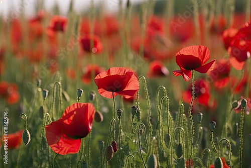 Red poppies in a poppies field - desaturated background.AI generated