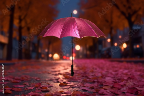 Urban autumn stroll  Pink umbrella on a rainy evening  with autumn leaves carpeting the road and city lights in the distance Generative AI