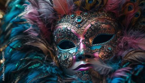 Blue feather mask adds mystery to costume elegance generated by AI