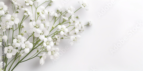 white gypsophila flowers on white background. Women's Day, Mother's Day, Valentine's Day, Wedding concept. Flat lay. Top view. Copy space