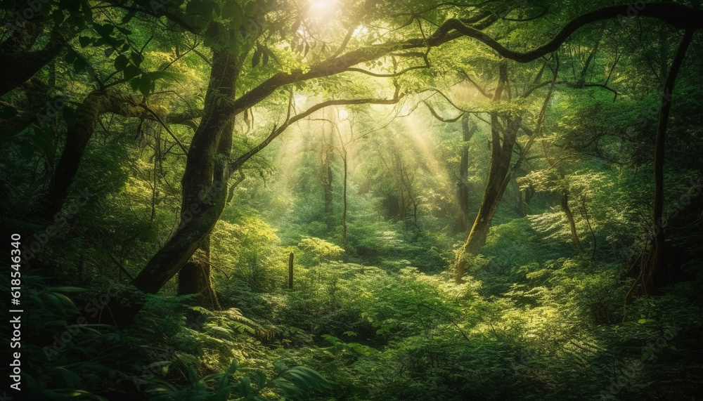 Obraz premium Sunrise illuminates tranquil forest, revealing hidden mystery generated by AI