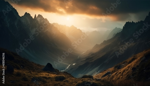 Majestic mountain range  tranquil sunset  panoramic beauty generated by AI