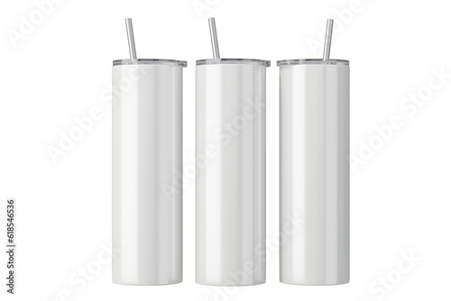 Vászonkép Three white 20 oz skinny tumblers on white isolated background.