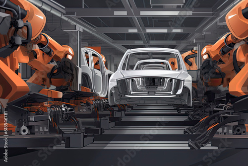 Car Factory 3D Concept: Automated Robot Arm Assembly Line Manufacturing High-Tech Green Energy Electric Vehicles.AI generated