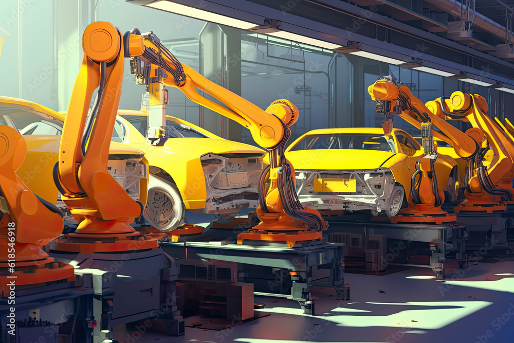 Car Factory 3D Concept: Automated Robot Arm Assembly Line Manufacturing High-Tech Green Energy Electric Vehicles.AI generated Car Factory 3D Concept: Automated Robot Arm Assembly Line Manufacturing High-Tech Green Energy Electric Vehicles.AI generated