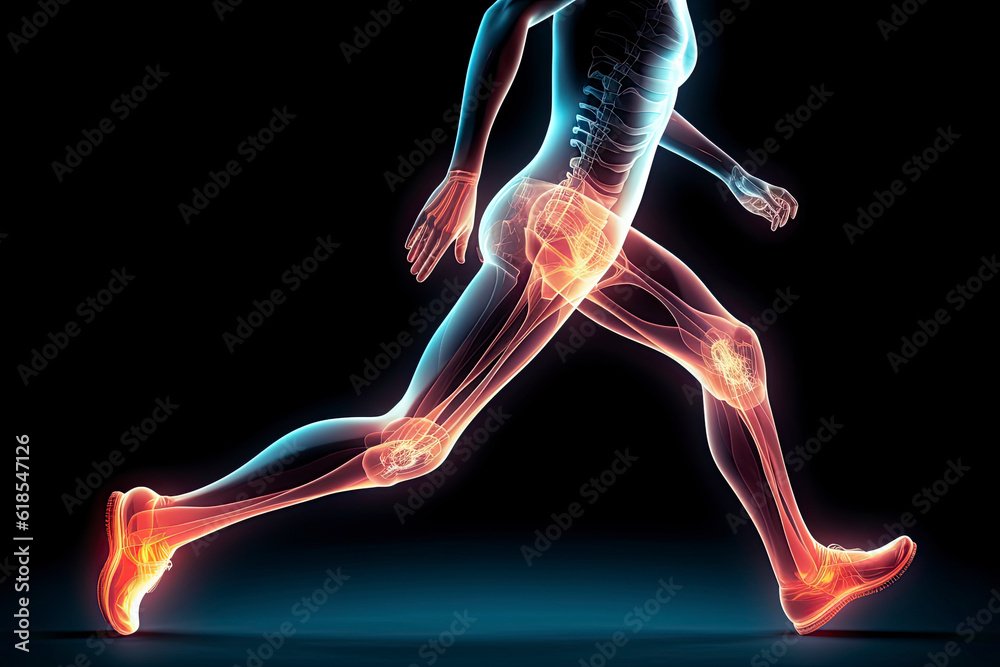 Obraz premium Running shoes, legs or skeleton bone glow in workout, training or exercise with anatomy pain, body stress or joint burnout.AI generated