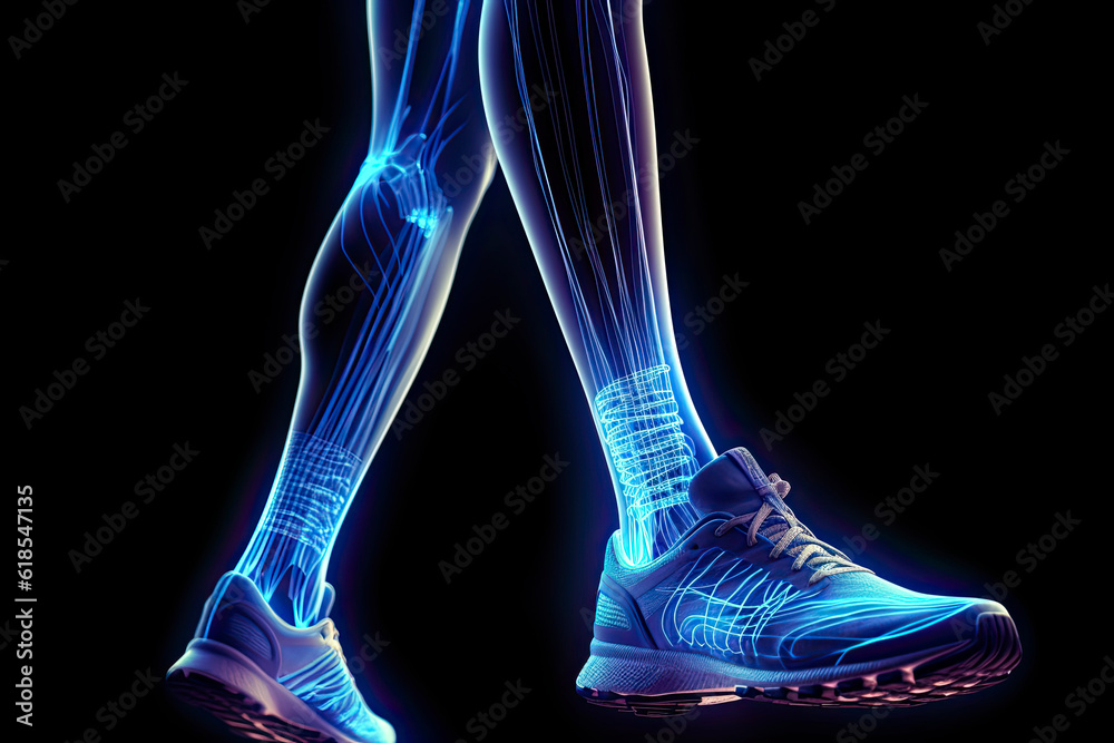 Running shoes, legs or skeleton bone glow in workout, training or exercise with anatomy pain, body stress or joint burnout.AI generated