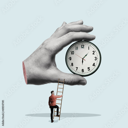 Foto A man climbs the stairs to the clock, art collage.
