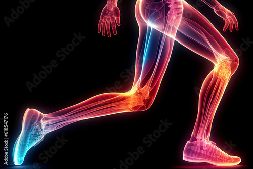 Running shoes, legs or skeleton bone glow in workout, training or exercise with anatomy pain, body stress or joint burnout.AI generated