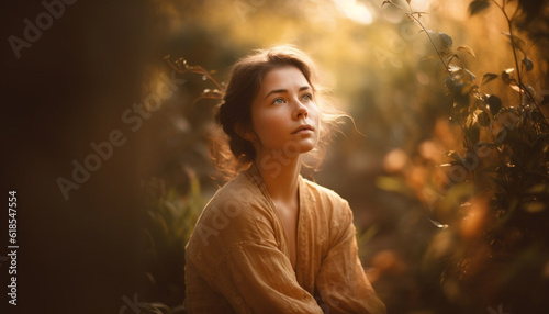 Young woman smiling in autumn forest beauty generated by AI