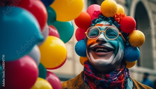Joyful men celebrate with colorful balloons outdoors generated by AI