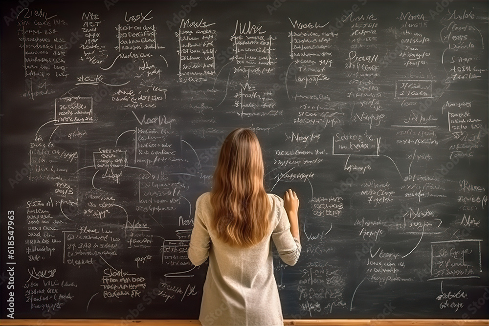 young teacher write on chalk board. Woman writing on blackboard wall. Idea creative education teaching math and spelling letter, knowledge, back to school concept young teacher write on chalk board. Woman writing on blackboard wall. Idea creative education teaching math and spelling letter, knowledge, back to school concept