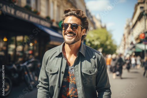 Portrait of a attractive smiling man standing on the city street  © Jasmina