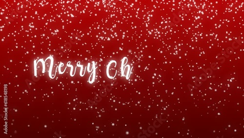 sparkling lights merry Christmas greeting message in english on red background with snow flakes.