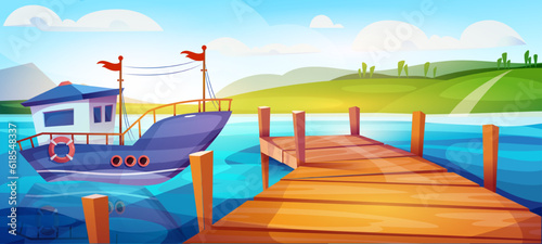 Landscape with fishing boat. Summer deserted scenery with ship and wooden bridge, sea or river. Fishing vessel on pier in quiet water harbor. Banner with marine view. Cartoon flat vector illustration