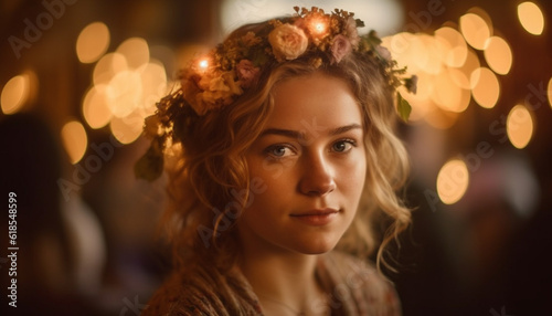 Young woman smiling, illuminated by Christmas lights generated by AI