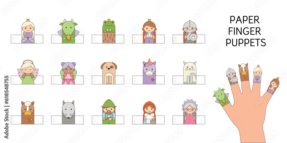 Little Red Riding Hood and fairy tale story characters. Cut and glue vector activity for children theatre