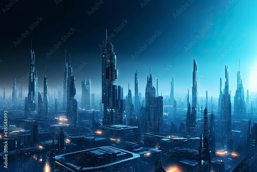 High-rise buildings, flying vehicles, and lush vegetation all coexist in futuristic fantasy cityscape.AI generated