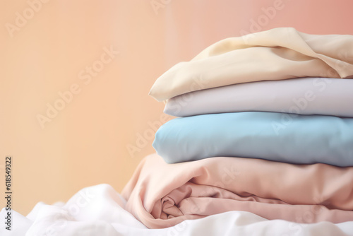 Stack of fresh, clean linens in a pastel palette of colors. Textile cloths stack. Isolated on light orange background with copy space, banner template. Generative AI photo.